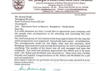 Appreciation where destination was Bangalore - Mysore - Ooty - Hyderabad
